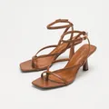 Brown PU clip-toe high heel sandals with thin straps and square toe - 35 / Chestnut Lamb Pattern