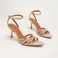 Elegant champagne pink satin high heel sandals with rhinestone straps for formal wear. - 38 / Champagne Satin