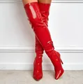 Sexy red crocodile-embossed over-the-knee boots with stiletto heel and pointed toe - Red