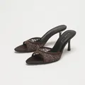 Elegant brown lace pointed-toe high heel mules with soft branded insole for dating - 35 / Pointed High Heel Mules / Brown Flower Mesh