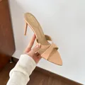 Elegant nude patent leather pointed toe mules with thin high heels and cross straps - 34 / Patent Nude 8cm