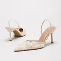 Elegant beige lace pointed-toe slingback heels with 3D floral appliqués for women - 38 / Apricot Rose Net