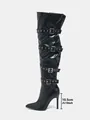 Black over-the-knee punk boots with stiletto heel and multiple buckled straps detail - 35 / Black