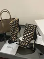 Elegant black studded hollow stiletto sandals featuring back zipper and peep-toe design. - 35 / Black