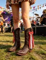 Red polka dot ribbon charms with pearls and lace on brown cowboy boots - 15cm / Red Polka Dot