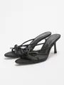 Elegant black satin heeled sandals with bow detail and mesh straps for summer. - 38 / Black