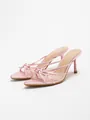 Elegant pink satin kitten heel sandals featuring bow accents and mesh detailing - 38 / Pink