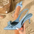 Elegant sky blue patent leather pointed-toe slingback heels with bow detail - 35 / Blue