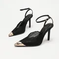 French style black lace pointed toe high heel sandals with gold metal toe cap and ankle strap - 35 / Black Lace Mesh