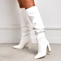 Fashionable white slouchy knee-high boots with pointed toe and chunky block heel - 38 / PU Style (10cm Heel) / White PU