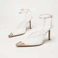 French white lace high-heeled sandals with pointed metallic toe and ankle strap - 35 / White Lace Mesh