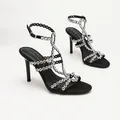 Elegant black high heel sandals with rhinestone T-strap design and ankle buckle closure. - 35 / Black Satin