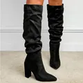 Black slouchy pointed-toe boots with block heels in a stylish suede-like finish. - 38 / Suede Style (10cm Heel) / Black Velvet