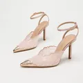 Elegant French lace high-heeled sandals in nude pink with a pointed metal toe cap - 35 / Champagne Lace Mesh
