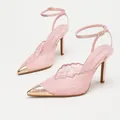 Elegant pink lace pointed-toe high heels with an ankle strap and gold-tone toe cap - 35 / Pink Lace Mesh
