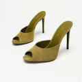 Elegant olive green peep-toe suede stiletto mules for office commute and daily wear - 35 / Green Velvet