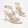 Elegant champagne high-heeled sandals with circular rhinestone straps and thin stiletto. - 35 / Apricot Satin