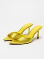 Elegant lime green satin open-toe stiletto mules featuring thin high heels for women - 38 / Yellow Satin