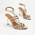Elegant gold high heel sandals featuring rhinestone-embellished straps and thin stiletto - 35 / Gold Mirror Bracelet