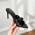 Elegant black satin pointed-toe high heel sandal with a large decorative bow detail - 34 / Satin Bow Style (8cm) / Black