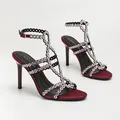 Elegante weinrote Satin-High-Heel-Sandalen mit Strass-Käfigriemen und Stilettoabsatz - Dunkelweinrot Satin
