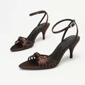 Elegant brown satin high heel sandals with knotted toe strap and ankle buckle closure - 38 / Brown