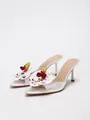 Elegant white satin high heel mules featuring 3D orchid flower and pointed open toe - 38 / Off-White Satin