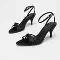 Elegant black satin cross-strap stiletto sandals with ankle buckle for evening events. - 38 / Black