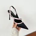 Elegant black satin pointed-toe slingback heels with pink trim and slender high heel - 34 / Black