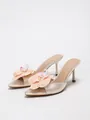 Elegant champagne satin stiletto sandals featuring large 3D orchid flower decorations - 38 / Apricot Satin