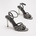 Elegant metallic gunmetal high-heeled sandals with rhinestone ankle straps for parties. - 38 / Gunmetal Mirror