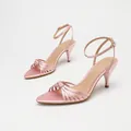 Elegant pink satin kitten heel sandals featuring ankle straps and pleated knot details - Pink
