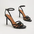 Elegant black rhinestone stiletto sandals with crossover straps and ankle buckle - 38 / Black Mirror