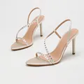 Elegant champagne satin high-heeled sandals with sparkling rhinestone straps for banquets - 35 / Apricot