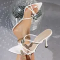 Elegant white strappy kitten heel sandals with metallic bead detail and pointed toe design - 36 / White