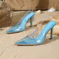 Light blue satin slingback sandals with sparkling rhinestone embellishments - 35 / Sea Blue Satin