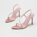 Elegant pink satin high heel sandals featuring rhinestone slingback straps for evening parties - 35 / Pink