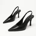 Elegant black PU leather pointed-toe slingback high-heel sandals with a slim heel. - 35 / Black PU