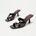 Elegant black patent leather cross-strap square-toe mules with stylish flared high heels - 38 / Black Mirror
