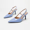 Elegant light blue patent leather pointed-toe slingback heels with slim ankle straps - 38 / Mirror Lake Blue