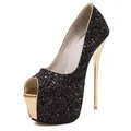Black glitter peep toe platform heels with gold stiletto heel for party wedding - 34 / Black