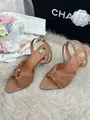 Elegant tan pointed-toe satin high-heeled sandals with stylish draped fabric detail. - 38 / Sandals (25L15) / 8cm Heel / Brown