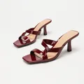 Elegant wine red patent leather heeled mules featuring cross strap and square toe design - 38 / Wine Red Mirror