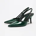 Elegant dark green patent leather pointed-toe slingback high heels for office wear. - 38 / Mirror Dark Green