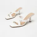 Elegant white patent leather square toe cross strap kitten heel mule sandals. - 38 / White Mirror