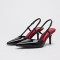 Elegant black patent leather pointed toe slingback stiletto heels with red insole - 38 / Black Mirror