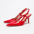Elegant red patent leather pointed-toe slingback heels with thin stiletto straps. - 38 / Mirror Red