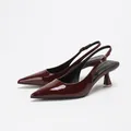 Elegant wine red mirror finish pointed-toe slingback heels with low block heel - 35 / Burgundy