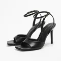 Elegant black square toe stiletto sandals with adjustable ankle strap for women. - 38 / Black