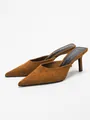 Elegant brown faux suede pointed-toe stiletto mules with a stylish backless design - 38 / Camel Suede